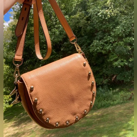 Rebecca Minkoff Tan Pebbeled Leather Saddle Bag Studded Crossbody Purse - Picture 16 of 17